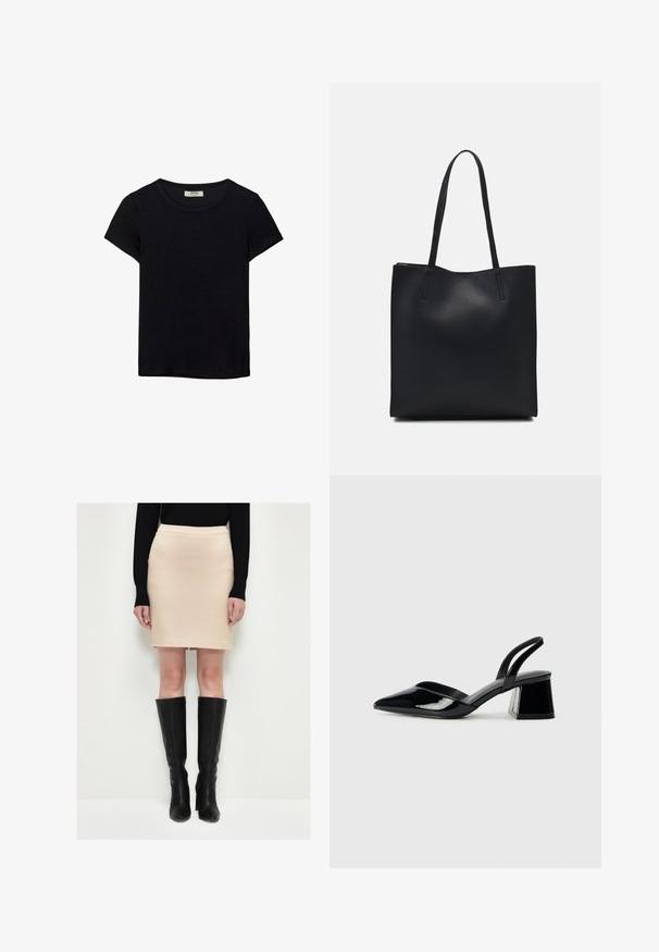 Mustat lyhythihaiset t-paidat, jotka on valmistettu pehmeästä kankaasta. Contains classic pyöreä kaula-aukko ja rento istuvuus. Ei näkyviä kuvioita tai yksityiskohtia.; Beige hame hindattu, joka on valmistettu tekstuuri kankaasta, yhdistettynä polven yli ulottuviin mustiin nahkasaappaisiin. Asusteessa on yksinkertainen muotoilu ja neutraali väri, joka luo tyylikkään ilmeen.; Mustat patentoitu nahkakengät, joissa on säären takaosa ja terävä kärki, sekä geometrinen palikkakorko. Sisältää tyylikkään, minimalistisen muotoilun ja sileän pinnan.; Mustapahkainen kangaskassi, jossa on sileä pinta, suorakaiteen muotoinen ja kaksi pitkää kahvaa. Ei näkyvää metalliosaa tai koristeita.