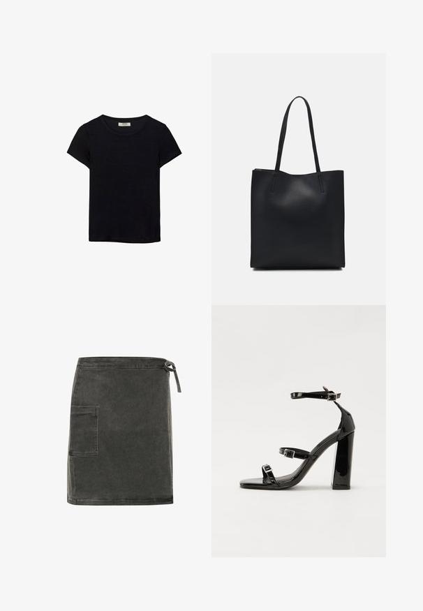 Črna kratkotrajna majica s kratkimi rokavi, narejena iz mehkega materiala. Ima klasičen krožni izrez in sproščen kroj. Ni vidnih vzorcev ali dodatkov.; Siva denim krilo s ravnim krojem, stranskim žepom in nastavljivim veznikom v pasu. Ima mehak teksturo in minimalističen dizajn.; Črne lakirane sandale s peto, kvadratnim prstom, trakovi okrog gležnja in srebrnimi zaponkami. Opremljene so s stabilno Debelo peto.; Črna usnjena torba s svilnato teksturo, pravokotne oblike in dvema dolgima ročajema. Brez vidnih metalnih delov ali okrasnih elementov.