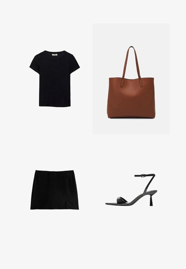 Svart t-shirt med kort ärm, tillverkad av mjukt tyg. Har en klassisk rund halsringning och en avslappnad passform. Inga mönster eller detaljer synliga.; Svart kort kjol med en rak design, med en sprund fram. Tillverkad av ett mjukt tyg med en matt yta. Enkel och klassisk silhuett.; Bershka Sandaletter - black; Brun läder tote-väska med en slät textur, öppen toppdesign och två axelremmar. Har minimal söm och ingen synlig metalldetalj.
