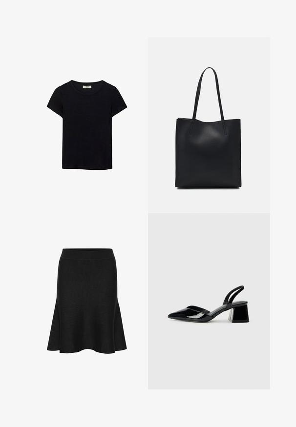 Czarna koszulka z krótkim rękawem, wykonana z miękkiego materiału. Posiada klasyczny okrągły dekolt i luźny krój. Brak widocznych wzorów lub akcentów.; Czarna dzianinowa spódnica w kształcie dzwonu z szerokim pasem w talii. Posiada gładką fakturę i delikatne rozkloszowanie u dołu. Brak widocznych wzorów lub akcentów.; Czarne lakierowane półbuty na obcasie z wydłużonym noskiem i geometrycznym słupkiem. Charakteryzują się eleganckim, minimalistycznym designem oraz gładką fakturą.; Czarna skórzana torba tote o gładkiej fakturze, prostokątnym kształcie i dwóch długich uchwytach. Brak widocznych elementów metalowych i ozdób.