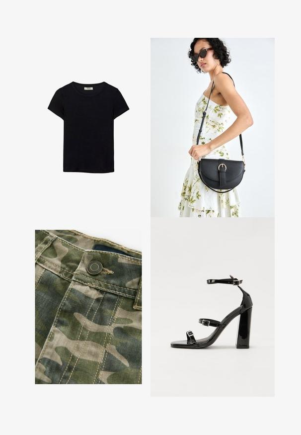 T-shirt noir à manches courtes en tissu doux. Il possède un col rond classique et une coupe décontractée. Aucun motif ni accent visible.; Tissu à motif camouflage dans des nuances de vert et de beige avec des coutures visibles. Doté d'un bouton en métal à la taille, texture denim.; Sandales à talons vernies noires avec un bout carré, des sangles autour de la cheville et des boucles en argent. Dotées d'un talon bloc épais pour plus de stabilité.; Sac à main en cuir noir avec une forme courbée, bandoulière amovible et des accessoires en or. Le sac est doté d'un rabat avec un détail de boucle.
