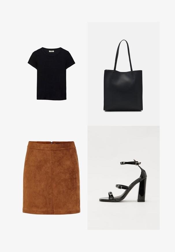 Čierne tričko s krátkym rukávom vyrobené z jemného materiálu. Má klasický okrúhly výstrih a voľný strih. Bez vzorov alebo akcentov.; Hnedá semišová mini sukňa s hladkým povrchom, rovnym strihom a diskrétnym zipsom na zadnej strane. Obsahuje švové detaily pre štruktúru.; Čierne lakované sandále na podpätku so štvorcovou špičkou, navlečenými remienkami okolo členku a striebornými prackami. Disponujú masívnym blokovým podpätkom pre stabilitu.; Čierna kožená taška na rameno s hladkým povrchom, obdĺžnikovým tvarom a dvoma dlhými uchami. Bez viditeľného kovania alebo ozdôb.