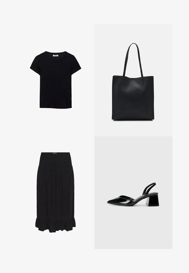 Mustat lyhythihaiset t-paidat, jotka on valmistettu pehmeästä kankaasta. Contains classic pyöreä kaula-aukko ja rento istuvuus. Ei näkyviä kuvioita tai yksityiskohtia.; Mustat midi-hameet, joissa on kootut vyötärö, valmistettu kevyestä kankaasta, jossa on poimutuksia ja röyhelöhelma lisäyksinä.; Mustat patentoitu nahkakengät, joissa on säären takaosa ja terävä kärki, sekä geometrinen palikkakorko. Sisältää tyylikkään, minimalistisen muotoilun ja sileän pinnan.; Mustapahkainen kangaskassi, jossa on sileä pinta, suorakaiteen muotoinen ja kaksi pitkää kahvaa. Ei näkyvää metalliosaa tai koristeita.