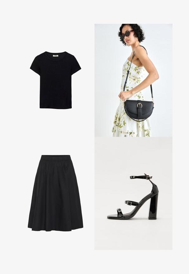 Czarna koszulka z krótkim rękawem, wykonana z miękkiego materiału. Posiada klasyczny okrągły dekolt i luźny krój. Brak widocznych wzorów lub akcentów.; Czarna spódnica z elastycznym pasem, w kształcie dzwonu, długości do kolan, wykonana z gładkiego materiału, z minimalnymi detalami szwów.; Czarne lakierowane sandały na obcasie z kwadratowym noskiem, z paskami wokół kostki i srebrnymi klamrami. Posiadają masywny słupek dla stabilności.; Czarna skórzana torebka o zakrzywionym kształcie, z odpinanym paskiem i złotymi akcentami. Torebka posiada klapę z zapięciem w kształcie klamry.
