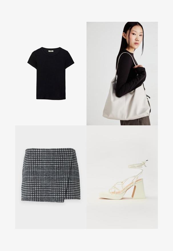 Crna majica kratkih rukava od mekanog materijala. Ima klasični okrugli izrez i opušteni kroj. Bez vidljivih uzoraka ili akcenta.; Wool mini suknja s crno-bijelim uzorkom kockica, ravnog kroja s laganim asimetričnim rubom i teksturiranom tkaninom.; Bijela sandala na visokoj potpetici s debelim petom, s remenom i vezanjem oko gležnja. Glatka tekstura s platformom sprijeda za dodatnu visinu.; Bežna torba od mekog materijala s opuštenim dizajnom, šivanim detaljima i dva remena za rame. Pogodna za svakodnevnu upotrebu.