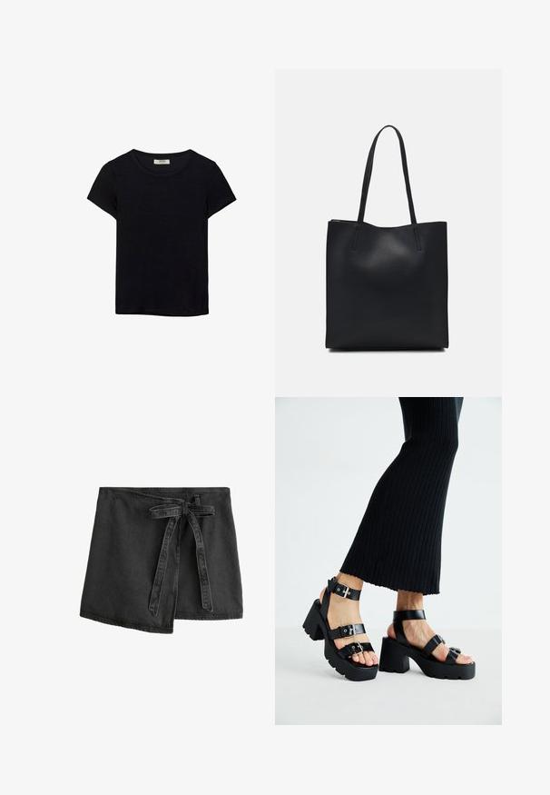 Črna kratkotrajna majica s kratkimi rokavi, narejena iz mehkega materiala. Ima klasičen krožni izrez in sproščen kroj. Ni vidnih vzorcev ali dodatkov.; Črna denim obleka z vezalko, asimetričnim robom in gladko teksturo. Ima šive po robovih.; Črne platforme s sandali in debelimi, zarezami ter več naramnicami, ki vključujejo kovinske zaponke in gladko teksturo, podobno usnju.; Črna usnjena torba s svilnato teksturo, pravokotne oblike in dvema dolgima ročajema. Brez vidnih metalnih delov ali okrasnih elementov.