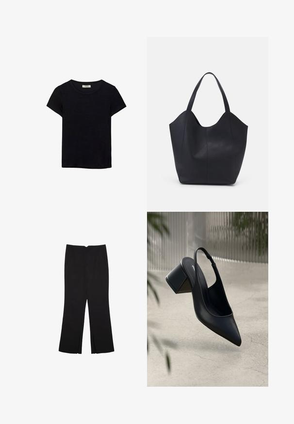 Črna kratkotrajna majica s kratkimi rokavi, narejena iz mehkega materiala. Ima klasičen krožni izrez in sproščen kroj. Ni vidnih vzorcev ali dodatkov.; Črne hlače ravnega kroja z naglavnimi žepi in stranskimi razporki na robu. Narejene iz mehke, gladke tkanine. Primerne za različne priložnosti.; Črne usnjene čevlje na peto s koničastim nosom in blok pete. Gladka tekstura, minimalističen dizajn in nastavljiv trak okoli gležnja.; Črna torba v obliki tote iz gladke usnjene površine, ki ima ukrivljen odprt vrh z dvema naramnicama in minimalističnim dizajnom.
