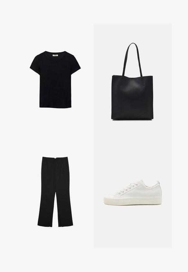 Černé tričko s krátkým rukávem vyrobené z měkké látky. Má klasický kulatý výstřih a volný střih. Žádné vzory nebo akcenty nejsou viditelné.; Černé kalhoty s rovným střihem, s předními kapsami a bočními rozparky na lemu. Vyrobené z jemné, hladké tkaniny. Vhodné na různé příležitosti.; Bílé plátěné tenisky s texturovaným svrškem, kulatou špičkou, plochou podrážkou a šněrováním vpředu. Mají mírně třepící se límeček a poutko.; Černá kožená taška přes rameno s hladkým povrchem, obdélníkovým tvarem a dvěma dlouhými uchy. Žádné viditelné kování ani ozdoby.