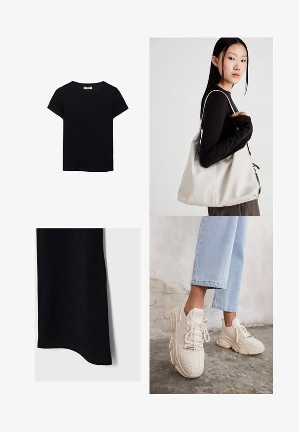 Mustat lyhythihaiset t-paidat, jotka on valmistettu pehmeästä kankaasta. Contains classic pyöreä kaula-aukko ja rento istuvuus. Ei näkyviä kuvioita tai yksityiskohtia.; Mustat urheiluhousut, joissa on sileä pinta, kaareva helma, sivutasku ja kontrastivärinen ommel, suunniteltu mukavuutta ja liikkuvuutta silmällä pitäen.; Beige neuleurheilukengät, joissa on teksturoitu päällinen, pyöreä kärki, paksu pohja ja koristeelliset nauhat, yhdistettyinä vaaleansinisiin lyhennettyihin farkkuihin.; Beige laukku, joka on valmistettu pehmeästä materiaalista, ja siinä on rento muotoilu, ommeltu yksityiskohtia ja kaksi olkahihnaa. Sopii päivittäiseen käyttöön.
