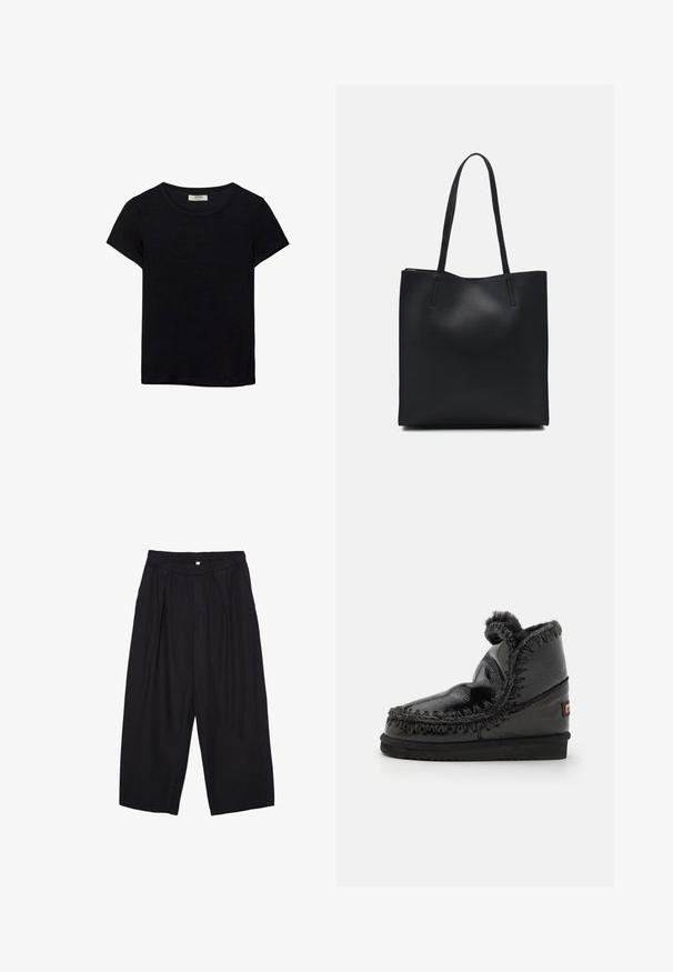 Mustat lyhythihaiset t-paidat, jotka on valmistettu pehmeästä kankaasta. Contains classic pyöreä kaula-aukko ja rento istuvuus. Ei näkyviä kuvioita tai yksityiskohtia.; Musta polyesterinen culotte-housut, jossa on joustava vyötärö, kaksi etupleettiä ja löysä siluetti. Ei näkyviä kuvioita tai metallisia yksityiskohtia.; Mou ESKIMO 18 - Klassiset nilkkurit - black; Mustapahkainen kangaskassi, jossa on sileä pinta, suorakaiteen muotoinen ja kaksi pitkää kahvaa. Ei näkyvää metalliosaa tai koristeita.