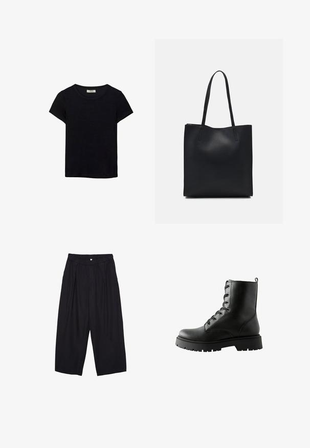 Černé tričko s krátkým rukávem vyrobené z měkké látky. Má klasický kulatý výstřih a volný střih. Žádné vzory nebo akcenty nejsou viditelné.; Černé polyesterové culotte kalhoty s elastickým pasem, dvěma předními sklady a volným siluetou. Žádné viditelné vzory ani kovové detaily.; Černá kožená kotníková bota s texturovaným povrchem, šesti kovovými očky a šněrováním. Robustní gumová podrážka s mírným vzorkem.; Černá kožená taška přes rameno s hladkým povrchem, obdélníkovým tvarem a dvěma dlouhými uchy. Žádné viditelné kování ani ozdoby.