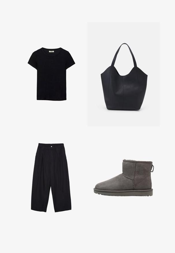 Schwarzes kurzärmeliges T-Shirt aus weichem Stoff. Mit klassischem Rundhalsausschnitt und lockerer Passform. Keine Muster oder Akzente sichtbar.; Schwarze Polyester-Culotte mit einem elastischen Bund, zwei vorderen Falten und einer lockeren Silhouette. Keine sichtbaren Muster oder Hardware-Details.; Graue Wildleder-Ankle-Boots mit runder Spitze, Schaffellfutter und flacher Gummi-Sohle. Verfügt über ein Logo-Tag und gestickte Nähte.; Schwarze Tote-Bag aus glattem Leder, mit einem abgerundeten, offenen Oberteil, zwei Schulterträgern und einem minimalistischen Design.