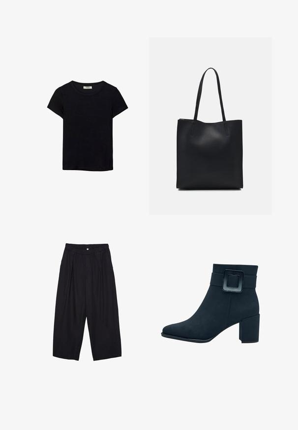 T-shirt noir à manches courtes en tissu doux. Il possède un col rond classique et une coupe décontractée. Aucun motif ni accent visible.; Pantalon culotte noir en polyester avec une taille élastique, deux plis avant et une silhouette ample. Pas de motifs visibles ni de détails matériels.; Botte de cheville en suede noir avec un bout carré et un large talon carré. Présente une large sangle avec un détail de boucle rectangulaire.; Sac fourre-tout en cuir noir avec une texture lisse, de forme rectangulaire et deux longues poignées. Pas de matériel ou d'ornementations visibles.
