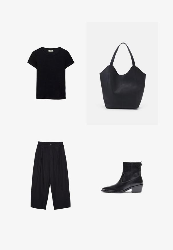 Czarna koszulka z krótkim rękawem, wykonana z miękkiego materiału. Posiada klasyczny okrągły dekolt i luźny krój. Brak widocznych wzorów lub akcentów.; Czarne spodnie culotte z poliestru z elastycznym pasem, dwoma fałdami z przodu i luźnym krojem. Brak widocznych wzorów lub elementów metalowych.; Czarny skórzany botek za kostkę z ostro zakończonym czubkiem i niskim obcasem w formie klocka. Posiada boczny zamek i minimalne detale przeszycia, co nadaje mu elegancki wygląd.; Czarna torba na ramię wykonana z gładkiej skóry, z zaokrąglonym, otwartym topem i dwoma paskami na ramię oraz minimalistycznym designem.