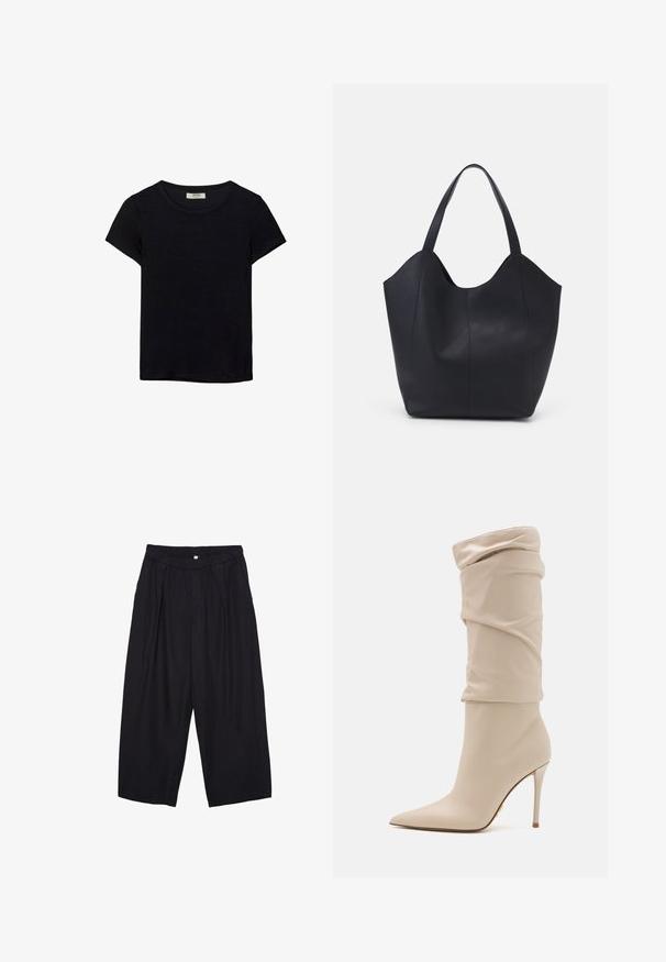 T-shirt noir à manches courtes en tissu doux. Il possède un col rond classique et une coupe décontractée. Aucun motif ni accent visible.; Pantalon culotte noir en polyester avec une taille élastique, deux plis avant et une silhouette ample. Pas de motifs visibles ni de détails matériels.; Bottine à talon haut beige en cuir lisse au design souple, avec un bout pointu et un talon aiguille fin. Détail doré à l'arrière.; Sac fourre-tout noir en cuir lisse, doté d'un haut ouvert et courbé avec deux brides d'épaule et un design minimaliste.