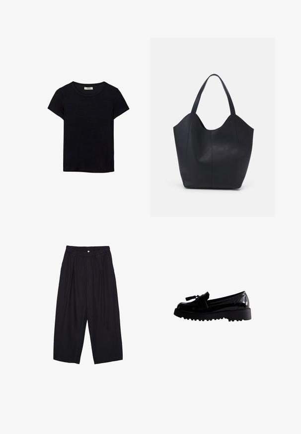 Schwarzes kurzärmeliges T-Shirt aus weichem Stoff. Mit klassischem Rundhalsausschnitt und lockerer Passform. Keine Muster oder Akzente sichtbar.; Schwarze Polyester-Culotte mit einem elastischen Bund, zwei vorderen Falten und einer lockeren Silhouette. Keine sichtbaren Muster oder Hardware-Details.; Schwarze Lacklederschuhe mit einer klobigen Profilsohle, ausgestattet mit einem dekorativen Quasten und einem eleganten Design, das eine glatte, glänzende Oberfläche zeigt.; Schwarze Tote-Bag aus glattem Leder, mit einem abgerundeten, offenen Oberteil, zwei Schulterträgern und einem minimalistischen Design.