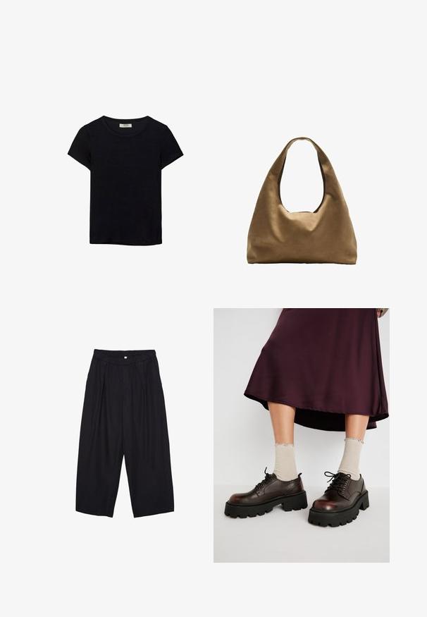 T-shirt nero a maniche corte realizzato in tessuto morbido. Presenta un classico collo rotondo e una vestibilità rilassata. Nessun motivo o accento visibile.; Pantaloni culotte neri in poliestere con una cintura elastica, due pieghe frontali e una silhouette ampia. Nessun motivo visibile o dettagli in metallo.; Scarpe platform in pelle marrone con suole nere spesse, abbinate a calzini beige a coste con bordi a scallop, su uno sfondo tenue.; Borsa a spalla in tessuto marrone con un corpo ampio e arrotondato e una grande maniglia a taglio. Texture morbida, design minimalista e senza hardware visibile.