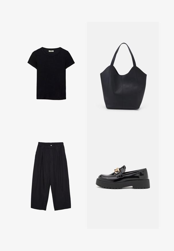 Svart t-shirt med kort ärm, tillverkad av mjukt tyg. Har en klassisk rund halsringning och en avslappnad passform. Inga mönster eller detaljer synliga.; Svarta polyester culottbyxor med elastisk midja, två framfickor och en lös silhuett. Inga synliga mönster eller hårdvarudetaljer.; Svarta lackläderloafers med en kraftig svart sula och detaljer i guld. Slät yta och rund tådesign.; Svart tote-väska i slät läder, med en böjd, öppen topp, två axelremmar och en minimalistisk design.