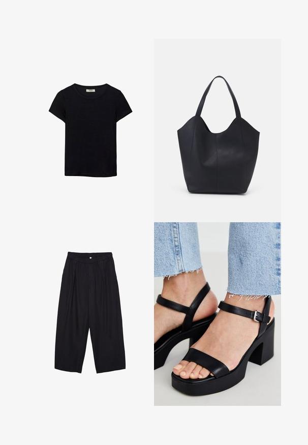 Čierne tričko s krátkym rukávom vyrobené z jemného materiálu. Má klasický okrúhly výstrih a voľný strih. Bez vzorov alebo akcentov.; Čierne polyesterové culotte nohavice s elastickým pásom, dvoma prednými záhybmi a voľným strihom. Žiadne viditeľné vzory ani detaily z kovu.; ALDO CELIE - Sandále na vysokom opätku - black; Čierna taška s dlhým uchom vyrobená z hladkej kože, s oblým otvoreným vrchom a dvoma ramennými popruhmi, minimalistického dizajnu.