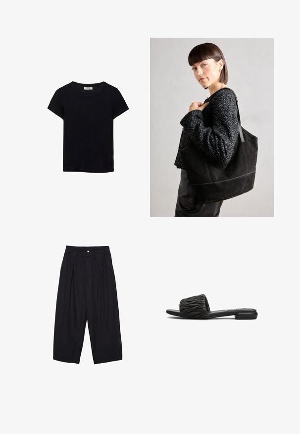 Schwarzes kurzärmeliges T-Shirt aus weichem Stoff. Mit klassischem Rundhalsausschnitt und lockerer Passform. Keine Muster oder Akzente sichtbar.; Schwarze Polyester-Culotte mit einem elastischen Bund, zwei vorderen Falten und einer lockeren Silhouette. Keine sichtbaren Muster oder Hardware-Details.; Schwarze Rutsch-Sandale mit einem gesteppten Obermaterial, flacher Sohle und minimalistischem Design. Hergestellt aus synthetischem Material mit glatter Oberfläche und ohne sichtbare Hardware.; Schwarze Wildleder-Tote-Tasche mit glatter Textur, strukturiertem Design und kontrastierenden Nähten. Verfügt über lange Träger zum Tragen über der Schulter.