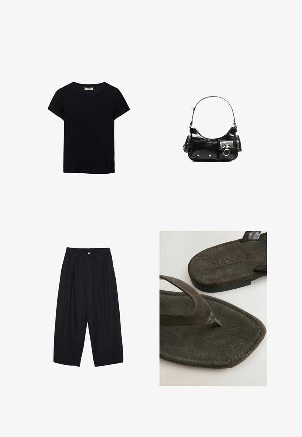 Sort kortærmet t-shirt lavet af blødt stof. Har en klassisk rund halsudskæring og en afslappet pasform. Ingen mønstre eller accenter synlige.; Sorte polyester culotte bukser med elastisk talje, to forpiber og en løs silhuet. Ingen synlige mønstre eller hardware detaljer.; Mørkebrune flip-flops med ruskindsoverflade og en distinkt tåpost, der har mærkenavnet "NEXT" præget på sålen.; Sort patenteret læder håndtaske med en buet form, en skulderrem, frontlommer og hardware accenter i sølvfarve.