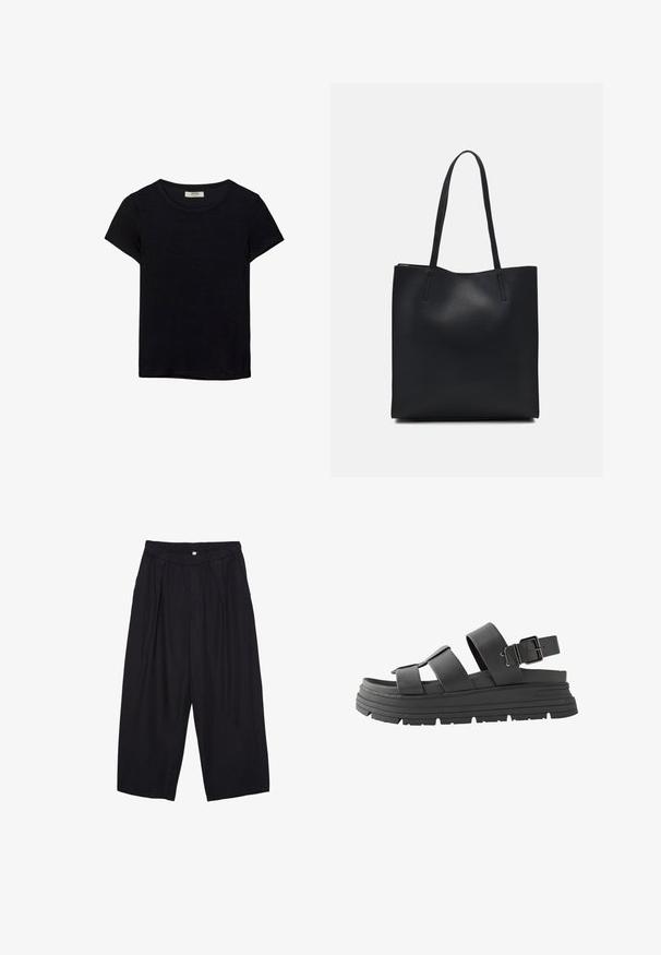 T-shirt nero a maniche corte realizzato in tessuto morbido. Presenta un classico collo rotondo e una vestibilità rilassata. Nessun motivo o accento visibile.; Pantaloni culotte neri in poliestere con una cintura elastica, due pieghe frontali e una silhouette ampia. Nessun motivo visibile o dettagli in metallo.; Sandali platform neri con doppie cinghie regolabili e fibbia. Realizzati in pelle liscia con suola in gomma texturizzata.; Borsa tote in pelle nera con texture liscia, forma rettangolare e due manici lunghi. Nessun hardware o decorazione visibile.