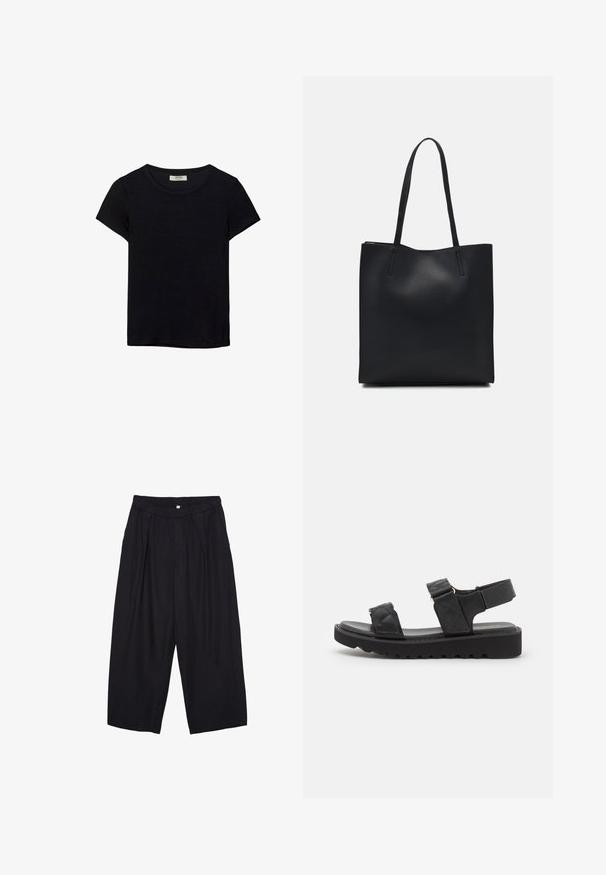 Černé tričko s krátkým rukávem vyrobené z měkké látky. Má klasický kulatý výstřih a volný střih. Žádné vzory nebo akcenty nejsou viditelné.; Černé polyesterové culotte kalhoty s elastickým pasem, dvěma předními sklady a volným siluetou. Žádné viditelné vzory ani kovové detaily.; Černé platformové sandály s prošívanými pásky, otevřenou špičkou a nastavitelným kotníkovým páskem. Texturovaná gumová podešev se zigzagovým vzorem pro lepší přilnavost.; Černá kožená taška přes rameno s hladkým povrchem, obdélníkovým tvarem a dvěma dlouhými uchy. Žádné viditelné kování ani ozdoby.