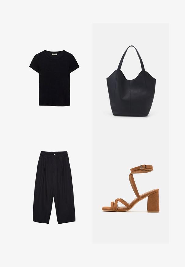 Sort kortærmet t-shirt lavet af blødt stof. Har en klassisk rund halsudskæring og en afslappet pasform. Ingen mønstre eller accenter synlige.; Sorte polyester culotte bukser med elastisk talje, to forpiber og en løs silhuet. Ingen synlige mønstre eller hardware detaljer.; Brune faux suede hælede sandaler med en bred blokhælk, flere krydsspiralsstropper og en justerbar ankelspænde. Blød tekstur, åben tå-design.; Sort tote taske lavet af glat læder, med en buet, åben top, to skulderstropper og et minimalistisk design.