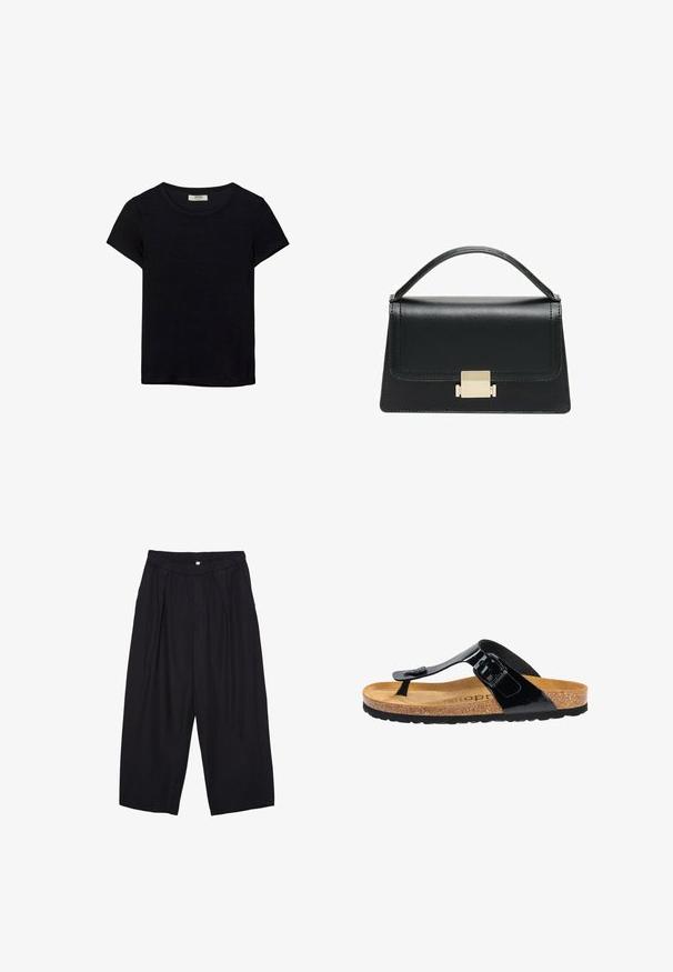 Sort kortærmet t-shirt lavet af blødt stof. Har en klassisk rund halsudskæring og en afslappet pasform. Ingen mønstre eller accenter synlige.; Sorte polyester culotte bukser med elastisk talje, to forpiber og en løs silhuet. Ingen synlige mønstre eller hardware detaljer.; Sort patenteret læder flip-flop sandal med en korkfodseng, gummisål og en spændeaccent på remmen. Glat overflade, minimalistisk design.; Sort læderhandtaske med et struktureret design, topbærerhåndtag og en detalje i guldfarvet metalklap på fronten. Glat tekstur, minimal syning.