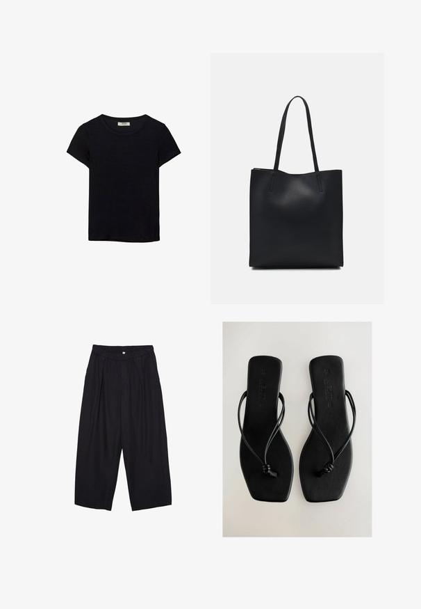 Mustat lyhythihaiset t-paidat, jotka on valmistettu pehmeästä kankaasta. Contains classic pyöreä kaula-aukko ja rento istuvuus. Ei näkyviä kuvioita tai yksityiskohtia.; Musta polyesterinen culotte-housut, jossa on joustava vyötärö, kaksi etupleettiä ja löysä siluetti. Ei näkyviä kuvioita tai metallisia yksityiskohtia.; Mustat litteät sandaalit ohuilla remmeillä, suorakulmaisella pohjalla ja sileällä pinnalla. Sisältää solmittuja remmikoristeita ja kohokuvioitua brändäystä.; Mustapahkainen kangaskassi, jossa on sileä pinta, suorakaiteen muotoinen ja kaksi pitkää kahvaa. Ei näkyvää metalliosaa tai koristeita.