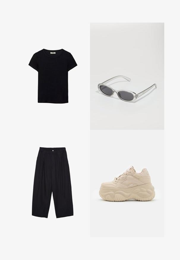 Sort kortærmet t-shirt lavet af blødt stof. Har en klassisk rund halsudskæring og en afslappet pasform. Ingen mønstre eller accenter synlige.; Sorte polyester culotte bukser med elastisk talje, to forpiber og en løs silhuet. Ingen synlige mønstre eller hardware detaljer.; Beige platform sneakers med en glat læderoverdel, rund tå og sål i tekstureret gummi med bølge mønstre og logo detalje.; Solsikker med oval form, klar plastramme, mørkegrå linser og tynde gennemsigtige arme med logovariationer og minimal detaljer.; Sort tote taske lavet af glat læder, med en buet, åben top, to skulderstropper og et minimalistisk design.