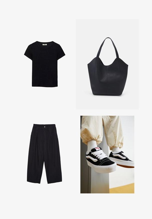 Sort kortærmet t-shirt lavet af blødt stof. Har en klassisk rund halsudskæring og en afslappet pasform. Ingen mønstre eller accenter synlige.; Sorte polyester culotte bukser med elastisk talje, to forpiber og en løs silhuet. Ingen synlige mønstre eller hardware detaljer.; Sorte og hvide ruskinds sneakers med flade hvide snører, teksturerede gummisåler og design med side-stribe. Båret med cremefarvede tapered bukser.; Sort tote taske lavet af glat læder, med en buet, åben top, to skulderstropper og et minimalistisk design.