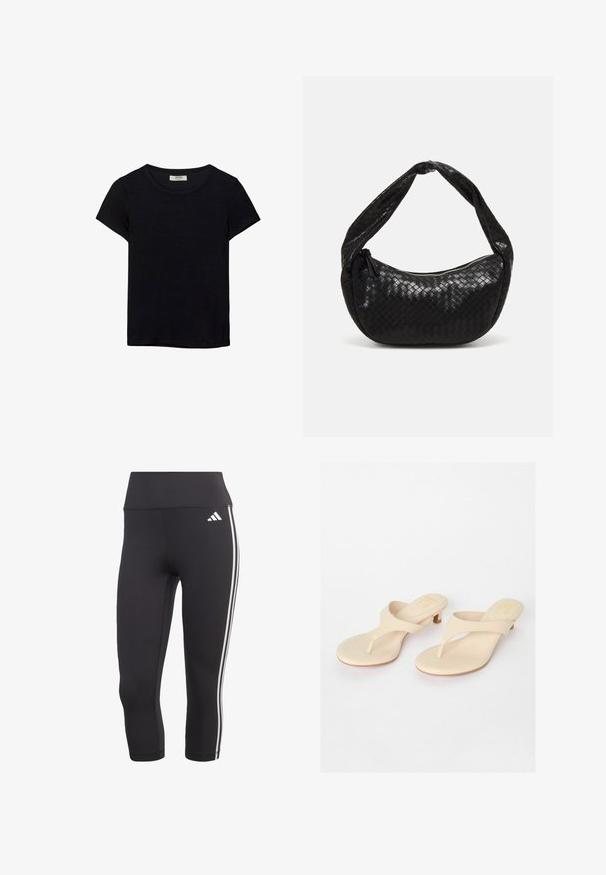Čierne tričko s krátkym rukávom vyrobené z jemného materiálu. Má klasický okrúhly výstrih a voľný strih. Bez vzorov alebo akcentov.; Čierne legíny do troch štvrtín vyrobené z elastického materiálu s širokým pásom a tromi bielymi pruhmi po stranách.; Béžové sandále na šnurovanie s hladkým syntetickým zvrškom a malým blokovým podpätkom. Minimalistický dizajn s prstovým pásom a zaoblenou stielkou.; Čierna tkaná kožená kabelka s zakriveným tvarom, s hrubým uchom a zipsovým uzatvorením. Textúrovaný povrch s lesklým povrchom.