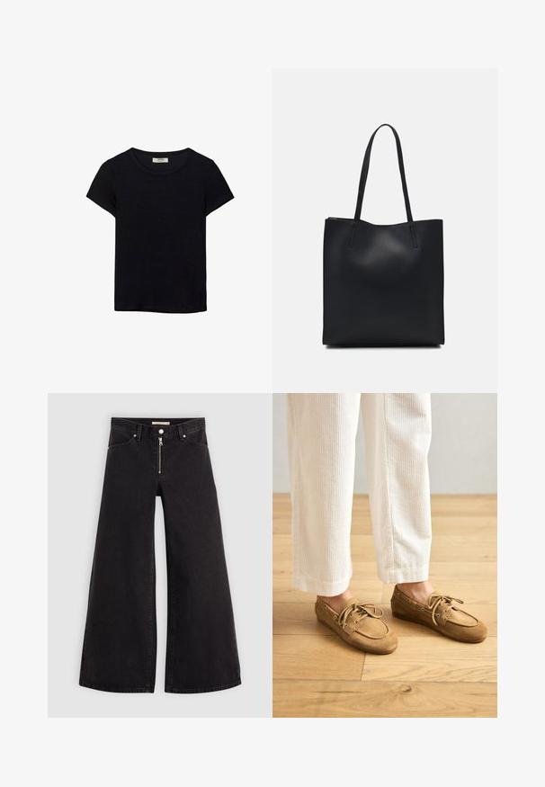 Čierne tričko s krátkym rukávom vyrobené z jemného materiálu. Má klasický okrúhly výstrih a voľný strih. Bez vzorov alebo akcentov.; Dlhé nohavice vo voľnom strihu z čierneho denimu so zipsom vpredu, päť vrecúškovým dizajnom a jemnými stehovými detailmi. Hladká textúra a neformálny štýl.; Hnedé semišové loďkové topánky s šnúrkami, s okrúhlou špičkou a prešitými akcentmi. Nosia sa s bielymi kordovým nohavicami v drevenom prostredí.; Čierna kožená taška na rameno s hladkým povrchom, obdĺžnikovým tvarom a dvoma dlhými uchami. Bez viditeľného kovania alebo ozdôb.