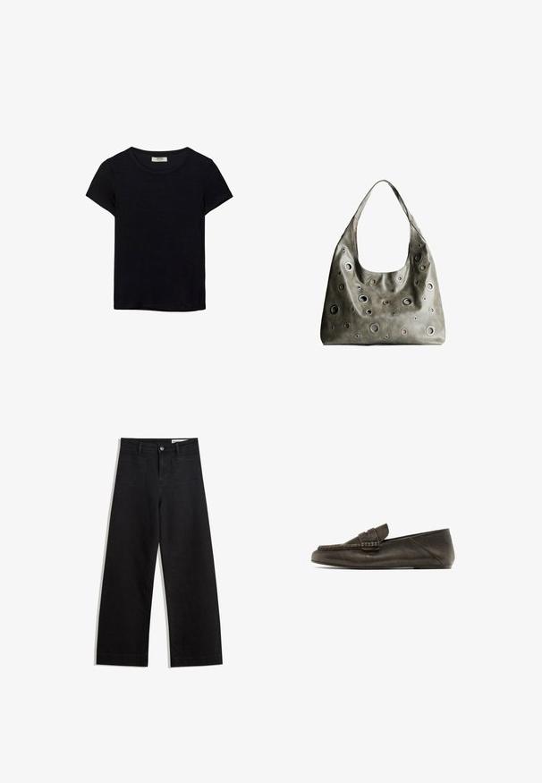 Schwarzes kurzärmeliges T-Shirt aus weichem Stoff. Mit klassischem Rundhalsausschnitt und lockerer Passform. Keine Muster oder Akzente sichtbar.; Schwarze weit geschnittene Jeans mit hoher Taille, ausgestattet mit Vorder- und Hintertaschen, gesteppten Nähten und einem Knopfverschluss. Glatte Textur.; Dunkelbraune Lederloafers mit flacher Sohle, die vorne ein geflochtenes Design und eine glatte Textur aufweisen. Dezente Nahtdetails entlang der Kanten.; Olivgrünes Lederhandtäschchen mit einem lässigen Design, das verschiedene runde Ausschnitte in unterschiedlichen Größen und Akzente in dunkleren und helleren Farbtönen aufweist.