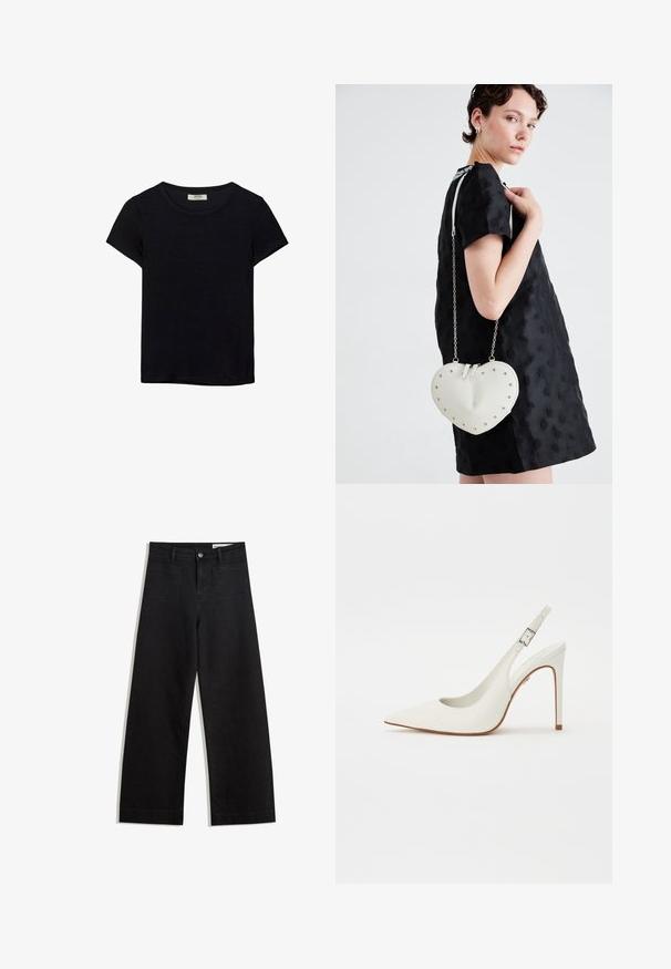 Svart t-shirt med kort ärm, tillverkad av mjukt tyg. Har en klassisk rund halsringning och en avslappnad passform. Inga mönster eller detaljer synliga.; Svarta vida denimbyxor med hög midja, med fram- och bakfickor, sydda sömmar och knappstängning. Slät textur.; Vit spetsig slingback-pumps i slät läder, med en smal hög klack och justerbar spännestrap. Öppen bakdesign.; Hjärtfomad vit väska med silvernitar, slät yta och kedja. Buren över en svart texturerad klänning, som visar dess unika design.