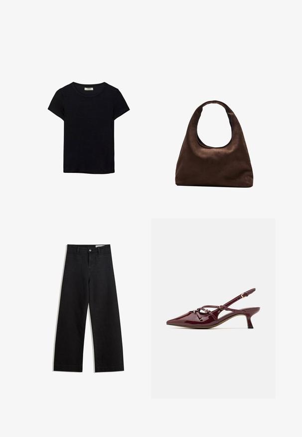 T-shirt nero a maniche corte realizzato in tessuto morbido. Presenta un classico collo rotondo e una vestibilità rilassata. Nessun motivo o accento visibile.; Pantaloni in denim neri a gamba larga con vita alta, dotati di tasche anteriori e posteriori, cuciture a punto, e chiusura con bottone. Texture liscia.; Scarpa slingback in vernice bordeaux con punta affusolata, tacco basso, dettagli di cinturino decorativo e finitura lucida.; Borsa hobo di un morbido marrone con una sola tracolla larga e un'apertura a manico curvo, esposta su uno sfondo bianco.