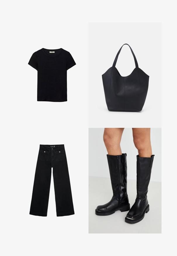 Črna kratkotrajna majica s kratkimi rokavi, narejena iz mehkega materiala. Ima klasičen krožni izrez in sproščen kroj. Ni vidnih vzorcev ali dodatkov.; Črne široke kavbojke z visokim pasom, ki imajo dva sprednja žepa in kovinske gumbi. Tkanina ima gladko teksturo.; Črne usnjene škornje do kolen z božnim zadrgo, debelim gumijastim podplatom in strukturo z minimalnim dizajnom.; Črna torba v obliki tote iz gladke usnjene površine, ki ima ukrivljen odprt vrh z dvema naramnicama in minimalističnim dizajnom.