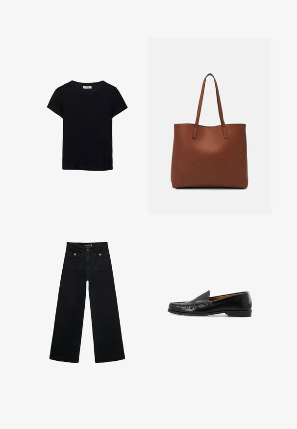 Sort kortærmet t-shirt lavet af blødt stof. Har en klassisk rund halsudskæring og en afslappet pasform. Ingen mønstre eller accenter synlige.;  Sorte vidde jeans med høj talje, der har to forlommer og metalknapdetaljer. Stoffet har en glat tekstur.; Sorte læder loafers har en moccasin-stil overdel med forhøjede sømme og en flad gummisål. Designet er minimalistisk uden synlige udsmykninger.; Brun læder tote taske med en glat overflade, åben topdesign og to skulderremme. Har minimal syning og ingen synlig hardware.