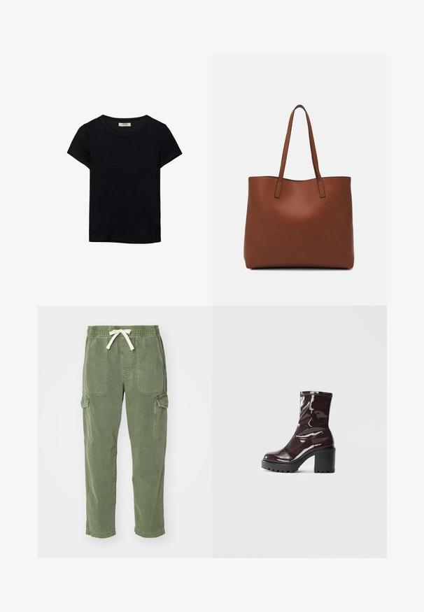 Černé tričko s krátkým rukávem vyrobené z měkké látky. Má klasický kulatý výstřih a volný střih. Žádné vzory nebo akcenty nejsou viditelné.; Zelené cargo kalhoty vyrobené z bavlny, s uvolněným střihem, elastickým pasem, stahovací šňůrkou a dvěma velkými bočními kapsami. Měkká textura.; Lesklá bordó kotníková bota s masivním černým podpatkem, se hladkým povrchem a jednoduchým designem. Žádné viditelné zapínání ani vzory.; Hnědá kožená taška přes rameno s hladkou texturou, otevřeným designem a dvěma ramenními popruhy. Obsahuje minimální švy a žádné viditelné kovové prvky.