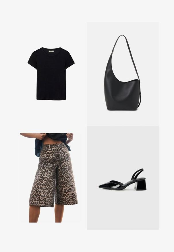 Schwarzes kurzärmeliges T-Shirt aus weichem Stoff. Mit klassischem Rundhalsausschnitt und lockerer Passform. Keine Muster oder Akzente sichtbar.; Next JORT - Jeans Shorts - leopard print; Schwarze Lackleder-Slingback-High Heels mit spitzem Schuh und einem geometrischen Blockabsatz. Verfügt über ein schlankes, minimalistisches Design und eine glatte Textur.; Schwarze Leder-Hobo-Tasche mit einer glatten Textur, geschwungener Form und einem einzelnen verstellbaren Tragegurt; verfügt über eine weite Öffnung am oberen Ende.
