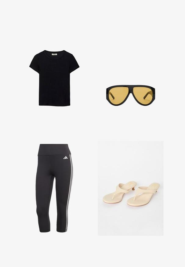 T-shirt noir à manches courtes en tissu doux. Il possède un col rond classique et une coupe décontractée. Aucun motif ni accent visible.; Leggings noirs trois quarts en matériau extensible avec une large ceinture et trois rayures blanches le long des côtés.; Sandales tongs beige avec un dessus en synthétique lisse et un petit talon carré. Design minimaliste avec une lanière entre les orteils et un coussin de pied arrondi.; Lunettes de soleil avec une monture en plastique noir élégant et des verres teintés jaunes, dotées d'une forme angulaire distincte et de branches larges pour une meilleure protection.