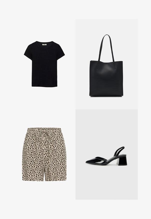 T-shirt noir à manches courtes en tissu doux. Il possède un col rond classique et une coupe décontractée. Aucun motif ni accent visible.; Shorts en imprimé léopard beige avec des taches noires et marron. Dotés d'une taille élastique avec un cordon de serrage pour un ajustement. Matériau léger.; Escarpins en cuir verni noir avec bout pointu et talon bloc géométrique. Présente un design élégant et minimaliste ainsi qu'une texture lisse.; Sac fourre-tout en cuir noir avec une texture lisse, de forme rectangulaire et deux longues poignées. Pas de matériel ou d'ornementations visibles.