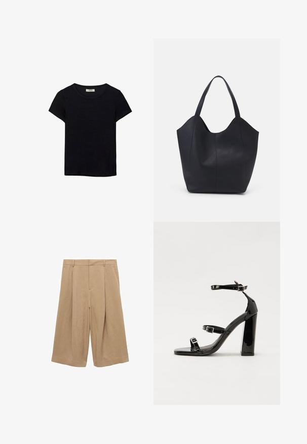 Čierne tričko s krátkym rukávom vyrobené z jemného materiálu. Má klasický okrúhly výstrih a voľný strih. Bez vzorov alebo akcentov.; Béžové kukly vyrobené z ľahkej tkaniny, s širokým strihom nohavíc, plochým predným dielom, dvoma bočnými vreckami a hladkou textúrou.; Čierne lakované sandále na podpätku so štvorcovou špičkou, navlečenými remienkami okolo členku a striebornými prackami. Disponujú masívnym blokovým podpätkom pre stabilitu.; Čierna taška s dlhým uchom vyrobená z hladkej kože, s oblým otvoreným vrchom a dvoma ramennými popruhmi, minimalistického dizajnu.