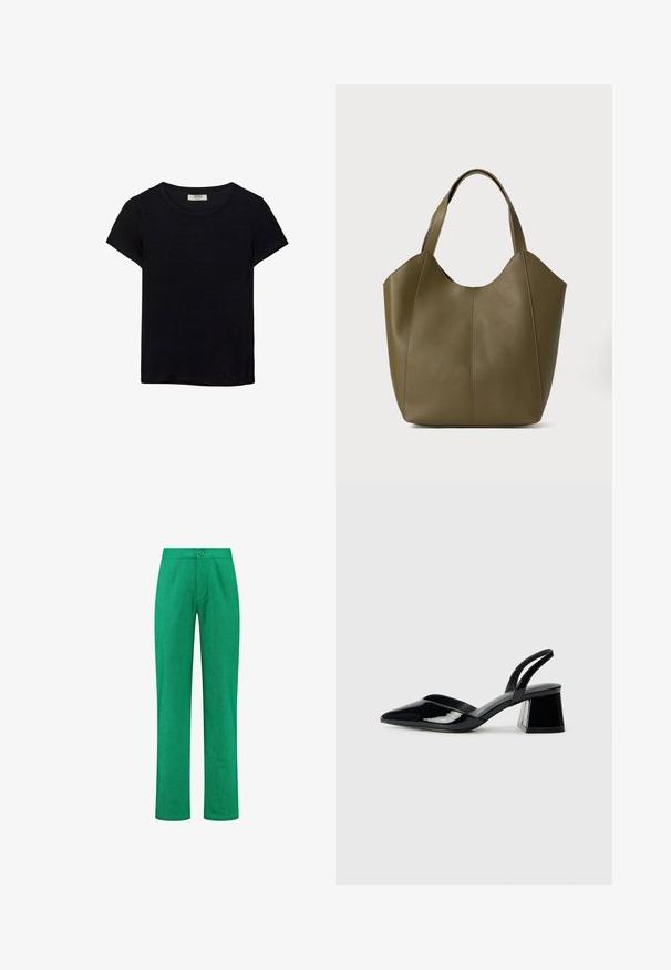 Černé tričko s krátkým rukávem vyrobené z měkké látky. Má klasický kulatý výstřih a volný střih. Žádné vzory nebo akcenty nejsou viditelné.; Zelené kalhoty rovného střihu s jedním knoflíkovým zapínáním v pase a strukturovanou tkaninou.; Černé lakované kožené lodičky na pásku s špičatou špičkou a geometrickým blokovým podpatkem. Vyznačují se elegantním, minimalistickým designem a hladkým povrchem.; Olivově zelená kožená taška s dvojitými popruhy, hladký povrch a design se čtyřmi panely. Zpevněné švy podél spojů pro větší odolnost.