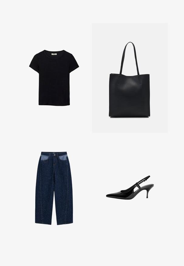 Mustat lyhythihaiset t-paidat, jotka on valmistettu pehmeästä kankaasta. Contains classic pyöreä kaula-aukko ja rento istuvuus. Ei näkyviä kuvioita tai yksityiskohtia.; Tummansinisiä leveälahkeisia farkkuja, joissa on rosoinen pinta, kaksi etupokkia vaaleammasta kankaasta ja näkyvät ompelutiedot.; Musta lakattu nahkainen slingback-korkokenkä teräväkärkisellä, avonaisilla sivurei'illä, kapealla korolla ja säädettävällä nilkkahihnalla.; Mustapahkainen kangaskassi, jossa on sileä pinta, suorakaiteen muotoinen ja kaksi pitkää kahvaa. Ei näkyvää metalliosaa tai koristeita.