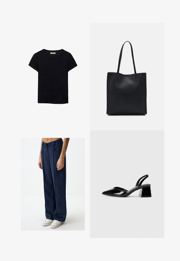Czarna koszulka z krótkim rękawem, wykonana z miękkiego materiału. Posiada klasyczny okrągły dekolt i luźny krój. Brak widocznych wzorów lub akcentów.; Marynarskie szerokie spodnie wykonane z gładkiego materiału, z przednimi kieszeniami, wysokim stanem i delikatnymi przeszyciami po bokach. W połączeniu z białymi sneakerami.; Czarne lakierowane półbuty na obcasie z wydłużonym noskiem i geometrycznym słupkiem. Charakteryzują się eleganckim, minimalistycznym designem oraz gładką fakturą.; Czarna skórzana torba tote o gładkiej fakturze, prostokątnym kształcie i dwóch długich uchwytach. Brak widocznych elementów metalowych i ozdób.