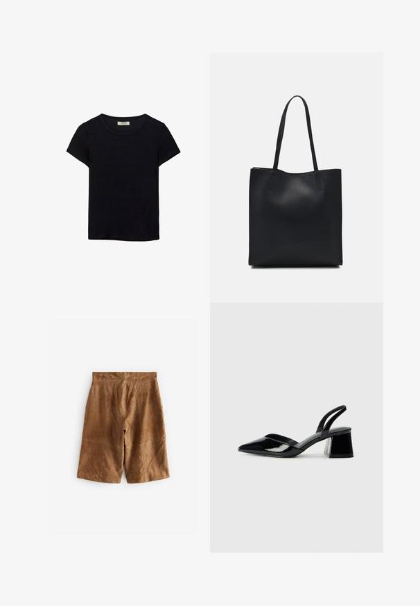T-shirt noir à manches courtes en tissu doux. Il possède un col rond classique et une coupe décontractée. Aucun motif ni accent visible.; Shorts en daim marron à coupe décontractée, présentant des détails de couture subtils et une taille mi-haute. Texture lisse sans quincaillerie visible.; Escarpins en cuir verni noir avec bout pointu et talon bloc géométrique. Présente un design élégant et minimaliste ainsi qu'une texture lisse.; Sac fourre-tout en cuir noir avec une texture lisse, de forme rectangulaire et deux longues poignées. Pas de matériel ou d'ornementations visibles.