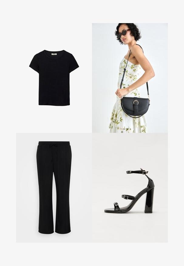 Schwarzes kurzärmeliges T-Shirt aus weichem Stoff. Mit klassischem Rundhalsausschnitt und lockerer Passform. Keine Muster oder Akzente sichtbar.; Schwarze, lässig geschnittene Hose aus weichem Stoff, mit einem elastischen Bund und Kordelzug sowie weitem Bein. Keine sichtbaren Muster.; Schwarze patentierte Sandalen mit Absatz, quadratischer Spitze, Knöchelriemen und silbernen Schnallen. Mit einem stabilen Blockabsatz für mehr Stabilität.; Schwarze Lederhandtasche mit geschwungener Form, abnehmbarem Tragegurt und goldenen Beschlägen. Die Tasche verfügt über einen Deckel mit einer Schnallen-Details.