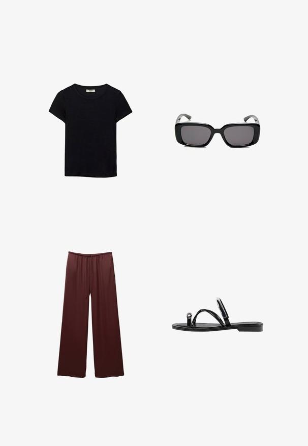 Črna kratkotrajna majica s kratkimi rokavi, narejena iz mehkega materiala. Ima klasičen krožni izrez in sproščen kroj. Ni vidnih vzorcev ali dodatkov.; Burgundske široke hlače iz gladkega materiala, opremljene z elastičnim pasom s trakcem za zavezovanje, zasnovane za udobje in enostavno oblačenje.; Črne ravne sandale s sijajno končno obdelavo, tremi tankimi trakovi in okroglo kovinsko podrobnostjo na prstih. Elegantna zasnova z minimalnim peto.; Črne pravokotne sončne očala z temnimi lečami, gladkim plastičnim okvirjem in ukrivljenimi nogicami. Oblika je robustna in minimalistična.